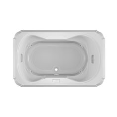 the bathtub is white and has an oval design on the front, with a center drain