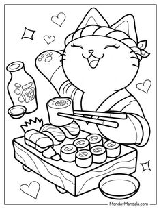 a cartoon cat eating sushi with chopsticks and sauce on the table coloring page