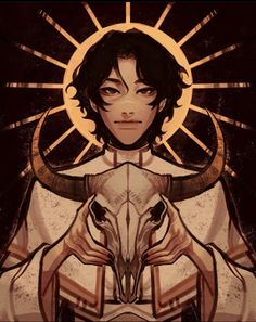 an anime character with horns and a goat's head in front of the sun