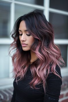 Rose Gold With Dark Roots, Rose Gold Hair On Black Hair, Rose Gold Balayage On Dark Hair, Hair Color Styles For Long Hair, Coloured Hair Bright, Rose Gold Dark Hair, Brunette Hair With Rose Gold Highlights, Dark Roots With Pink Hair, Rose Gold Hair With Dark Roots