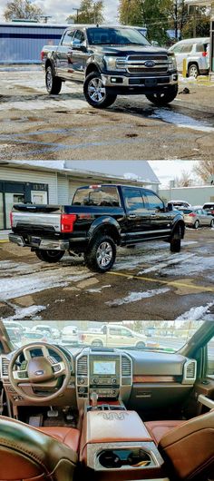 two pictures of trucks parked in a parking lot next to each other, one is black and the other is silver