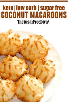 coconut macaroons on a white plate with the words keto low carb / sugar free coconut macaroons