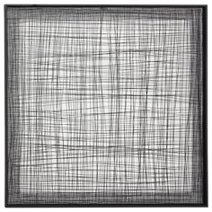 an abstract black and white painting with lines on the bottom, in a square frame