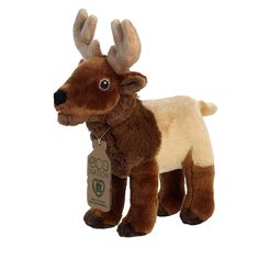 a stuffed animal that is brown and white with antlers on it's head