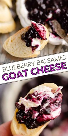 blueberry balsamic goat cheese sandwich is shown in two different views, with the text below it