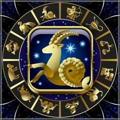 the zodiac sign in gold on a blue background with stars and other astrological symbols