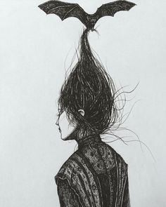 a drawing of a woman with bat wings on her head