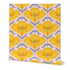 a yellow and blue flower pattern on a pink background