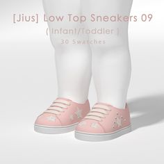 a pair of pink shoes with white stars on the soles, and text that reads just low top sneakers 09 infant / toddler 30 swatches