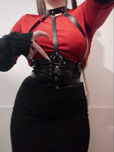 An outfit inspired by a race in a book. Leather Harness Outfit Aesthetic, Firecore Outfits, Red And Black Cyberpunk Outfit, Black And Red Leather Outfit, Temptress Aesthetic Outfits, Devil Aesthetic Outfit, Villiancore Outfit, Casinocore Outfit, Red Harness Outfit