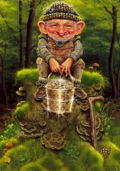 a painting of a man with a bucket on top of a moss covered rock in the woods