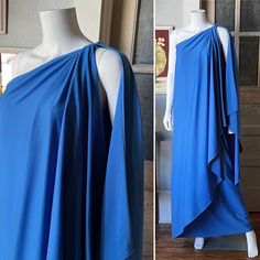 This 1970's Halston one-shoulder maxi dress is a striking example of the designer's signature elegance. Truly iconic and crafted from slinky jersey in a stunning azure blue. Seen on Kate Moss at the Cannes Film Festival, this lovely sheath dress features gorgeous Grecian-inspired draping that cascades effortlessly over the body, and The asymmetrical one-shoulder design enhances the goddess-like feel. Slips on and closes with a delicate hook and eye at the shoulder. Dress is in fantastic conditio Vintage Halston, One Shoulder Maxi Dress, Azure Blue, Kate Moss, Shoulder Design, Cannes Film Festival, Dress Clothes For Women, Film Festival, Sheath Dress