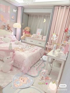 a pink bedroom with teddy bears and other decorations