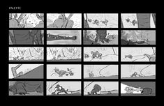 an animation storyboard with many different scenes