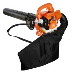 an orange and black blower sitting on top of a bag