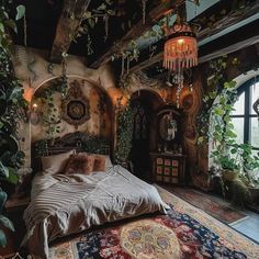 a bed sitting in the middle of a bedroom next to a large window with plants growing on it