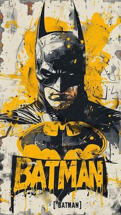 the batman movie poster is shown in yellow and black colors, as well as an image of