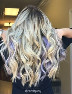 Blonde Balayage With Pops Of Color, Balayage With Peekaboo Color, Lavender Hair Peekaboo, Blonde Highlights With Peekaboo Color, Long Blonde Hair With Peekaboos, Blonde Hair With A Peekaboo Color, Peek A Boo Highlights Blonde, Peekaboo Hair Color For Blondes, Blonde Balayage With Peekaboo