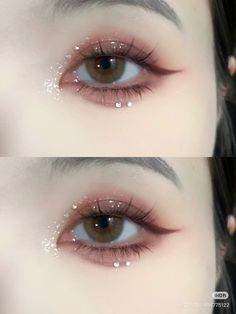 Glitter Makeup Korean, Asian Eye Makeup Glitter, Korean Eye Glitter Makeup, Simple Glitter Eye Makeup Korean, Dark Academia Makeup, Korean Sparkle Eye Makeup, Academia Makeup, Makeup Tutorial Eyeliner