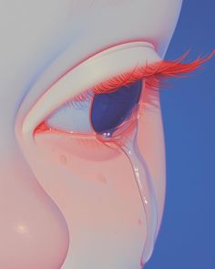 an eye with pink and blue colored irises on it's side, under a blue sky