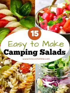 the words camping salads are overlaid with images of vegetables and pasta in mason jars