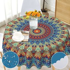 PRICES MAY VARY. Gorgeous Bohemian Designs: This boho tablecloth is printed with beautiful colorful detailed pattern, which will brighten up your dining room, living room and patio, bringing a refreshing touch. Note: the back of the tablecloth is white. Premium Material: This 60 by 60-inch table cloth is made of high quality 100% polyester woven silky satin fabric, which is wrinkle-free, stain resistant, water repellent and long-lasting. Colors won't fade thanks to new digital printing methods. Boho Tablecloth, Circular Patio, Patio Indoor, Circle Table, Mantel Redondo, Patio Dining Table, Colorful Table, Chic Home, Patio Dining