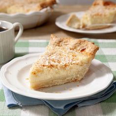 a slice of coconut pie on a white plate