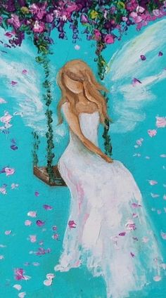 a painting of a woman sitting on a swing with flowers in her hair and wings