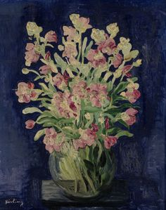 a painting of pink and white flowers in a glass vase on a blue tablecloth