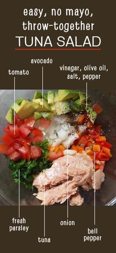 the ingredients for tuna salad are shown in this diagram, including tomatoes, avocado, and other vegetables