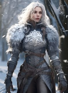 a woman with white hair and fur in a snowy forest, wearing an outfit that is made to look like snow queen