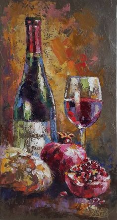 a painting of pomegranate and wine on a table