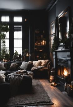 a living room filled with lots of furniture and a fire place in the middle of it