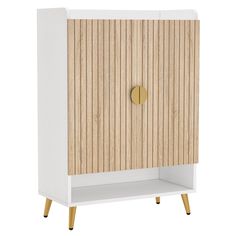 a white cabinet with wooden paneling and a gold knob on the door, in front of a white background