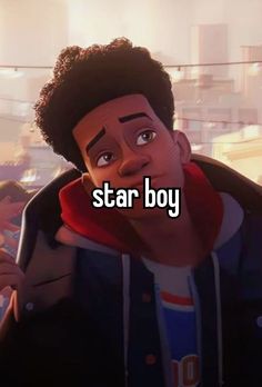 a cartoon character with the words star boy in front of him and an image of a man