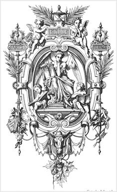 a black and white drawing of an ornate frame with angels on the side, surrounded by leaves