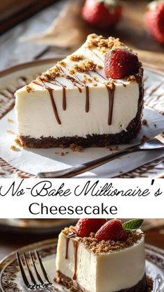 two pictures of cheesecake with strawberries on top and the words no bake miniaturare's cheesecake below