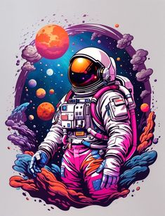 an astronaut is sitting in the space surrounded by planets and stars, with his hands on his hips