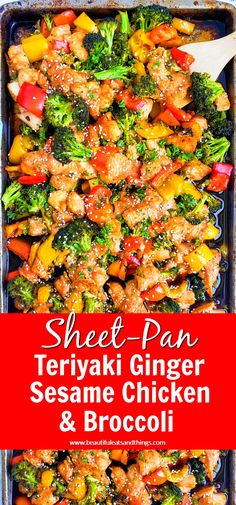 sheet pan teriyaki ginger sesame chicken and broccoli with text overlay