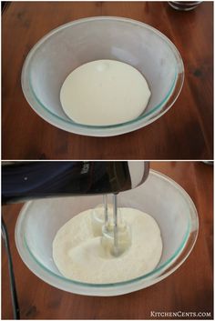 two pictures showing how to make batter in a bowl with a whisk attachment