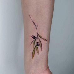 an olive branch tattoo on the left inner forearm and foot, with words written in cursive writing