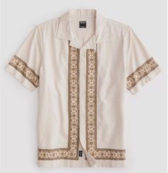 Todd Snyder Border Embroidered Camp Collar Shirt New with Tag / $198 Size XS Our comfortable Camp Collar Shirts are a year-round favorite for effortlessly cool vibes. This one is made from 100% cotton, and the way the fabric is woven gives it a rustic, cross-hatched texture. An embroidered border stripe doubles down on the bohemian look and feel. Wear it all on its own, open over a tee or tank, or layered under a chore coat (or even a sport coat). Cut with a clean, modern fit, it's just the thing for days when you want something that's easy to pop on that still makes an impact.  100% Cotton.  Regular Fit. Camp Collar.  Embroidery at Placket and Cuffs.  Split Side Seams.  Made in India.  Machine Wash Cold With Like Colors, Gentle Cycle. Do Not Bleach. Tumble Dry Low. Warm Iron if Needed. LA Stylish Men Wear, Camp Collar Shirt, Rustic Cross, Guayabera Shirt, Cool Vibes, Styles Ideas, Todd Snyder, Embroidered Border, Linen Suits