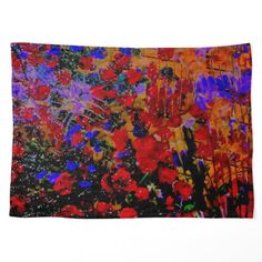 an abstract painting with red flowers and blue sky