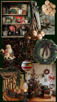 a collage of christmas decorations and ornaments on display in an old - fashioned room