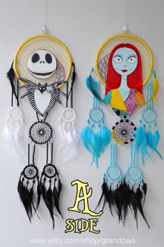 two handmade dream catchers with jack and sally from the nightmare land of oog