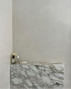 a bathroom with a marble counter top next to a white wall and toilet paper dispenser