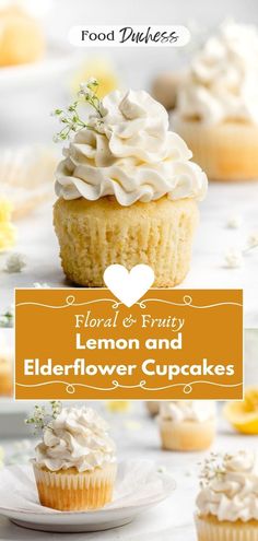 lemon and elderflower cupcakes on a plate with the title, floral & fruity elderflower cupcakes