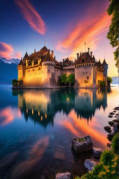 A mesmerizing twilight capture of Château de Chillon. The warm glow of the medieval fortress reflects perfectly in the still waters of Lake Geneva, creating a magical atmosphere. #swissmagic #castle Medieval Fortress, Lake Geneva, Swiss Alps, Still Water, Geneva, Hd Photos, Warm Light