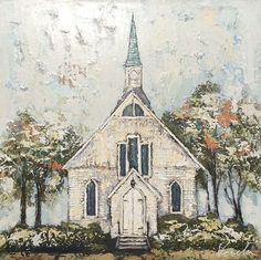 a painting of a church with trees in the background