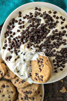 chocolate chip cookies and cream dip on a plate